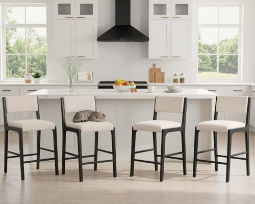 26.5’’ Counter Height Bar Stools Set of 4, Modern Counter Stools with Backs Beige Linen Upholstered Bar Height Island Chairs with Solid Wood Frame, Black Wooden Barstools for Kitchen Island Counter | Amazon (US)