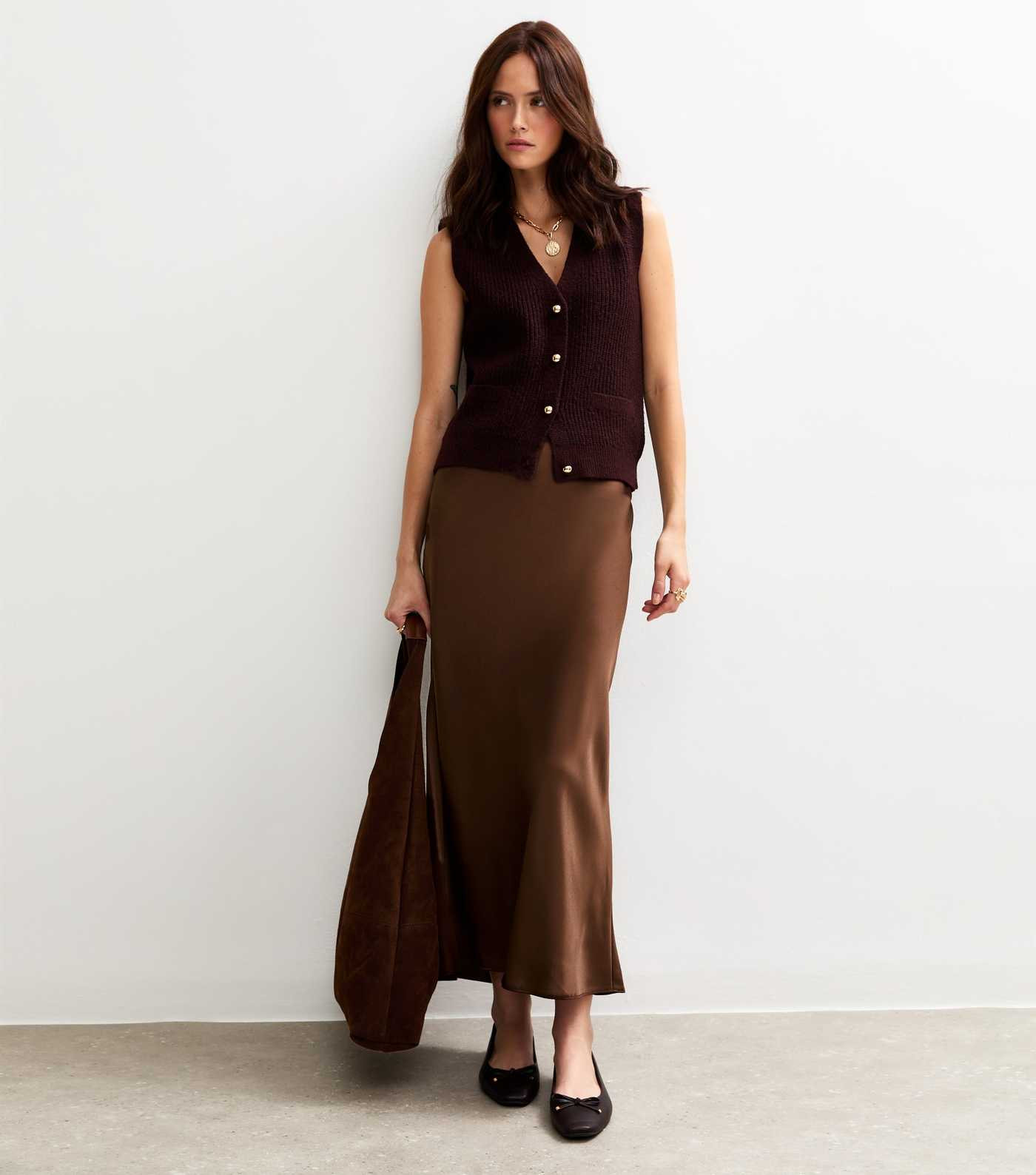 Dark Brown Satin Bias Cut Midi Skirt | New Look | New Look (UK)