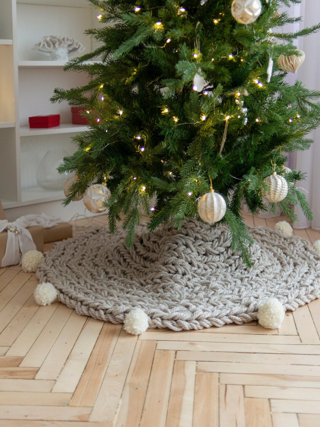 Christmas Tree Skirt With Pompons Chunky Knit Giant Holiday - Etsy | Etsy (US)