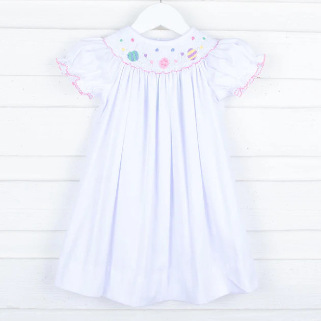 Easter Eggs Smocked White Bishop Dress | Classic Whimsy