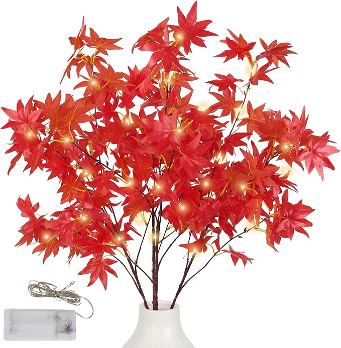 4PCS Artificial Maple Leaves Branches 36 inches Fake Red Fall Leaves with Lights Faux Maple Stems... | Amazon (US)