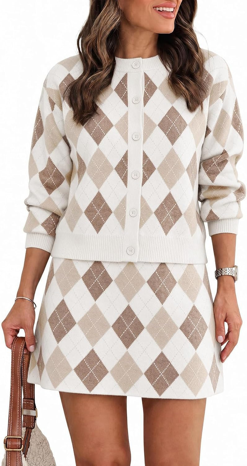 Tankaneo Womens 2 Piece Sweater Skirt Set Argyle Plaid Matching Lounge Sets | Amazon (US)