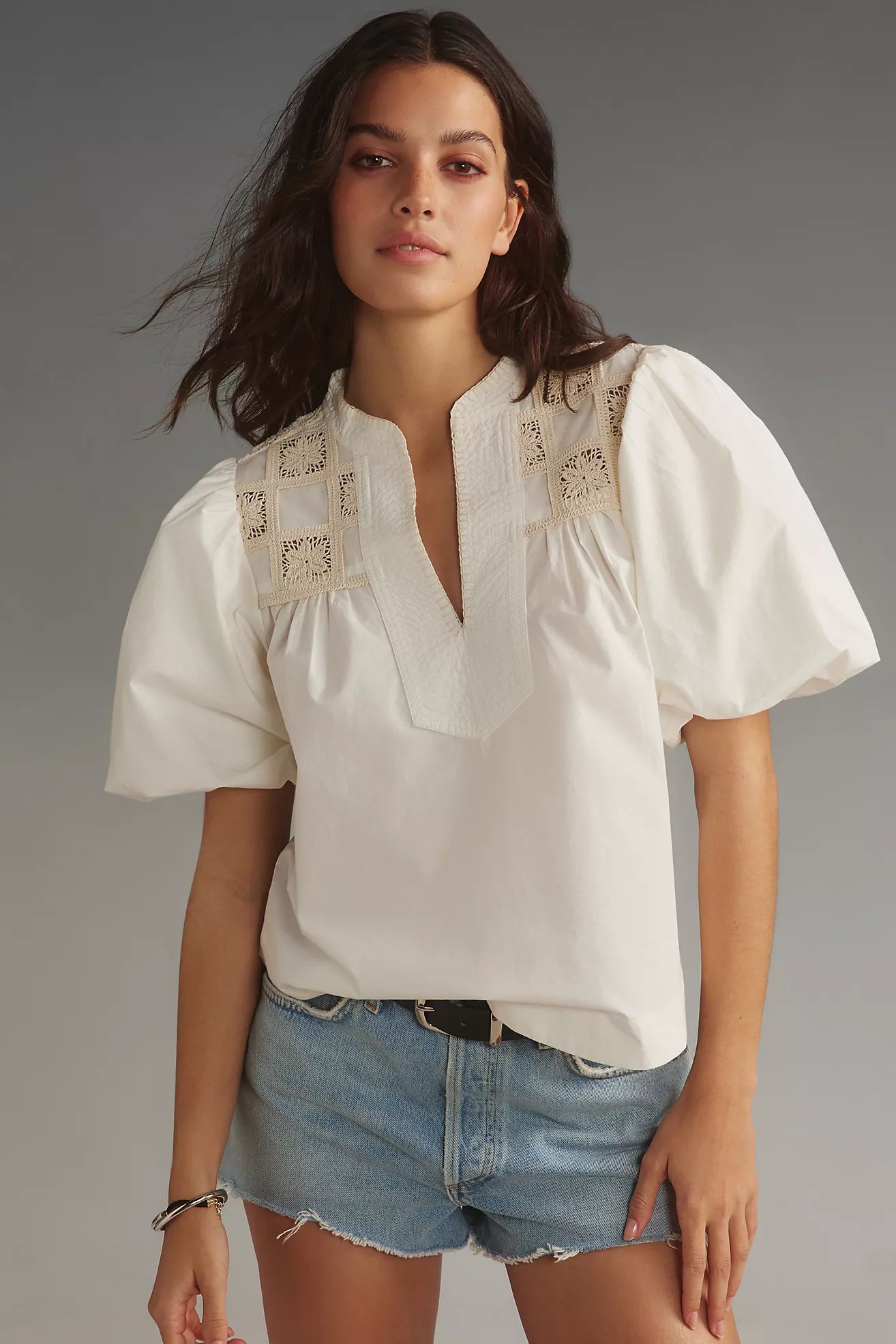 By Anthropologie Puff-Sleeve Crochet Blouse | Anthropologie (US)