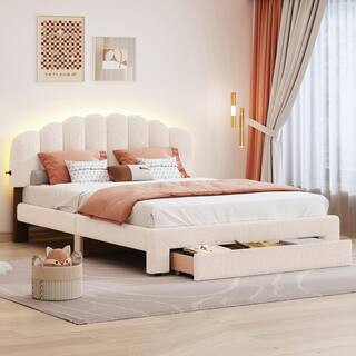 Beige Teddy Fleece Wood Frame Queen Size Upholstered Platform Bed with Large Drawer, LED Lights a... | The Home Depot