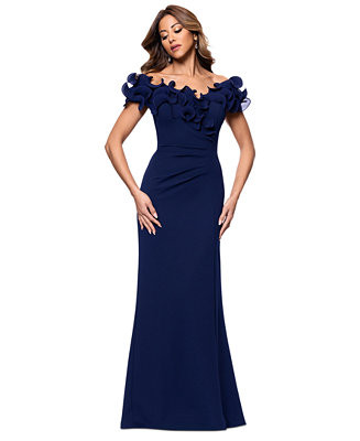 XSCAPE Women's Ruffled-Off-The-Shoulder Crepe Gown - Macy's | Macy's