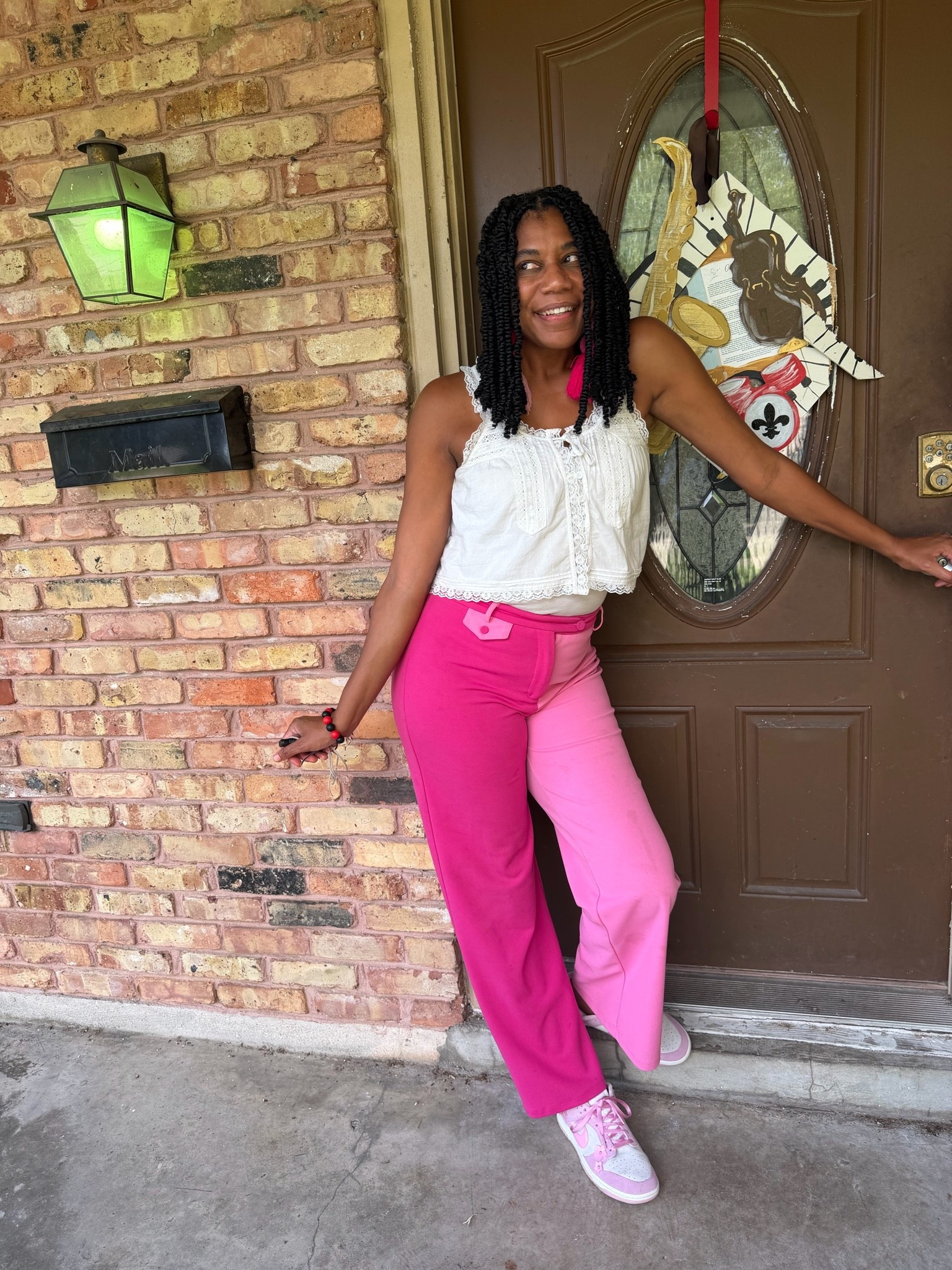 Colorblock pants +
White lace shirt +
Pink floral dunks

#LTKootd #LTKOver40 #LTKMidsize