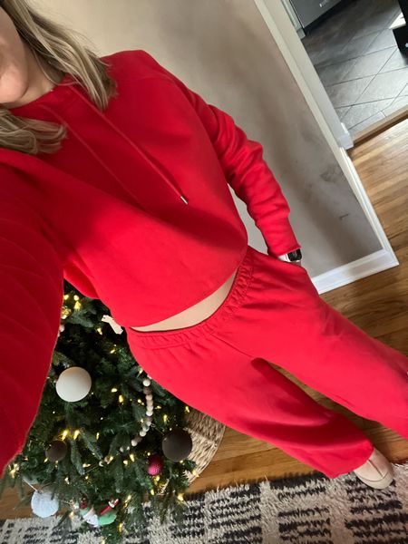 Cozy red sweatpants outfit perfect for a cozy holiday outfit !! from target and on sale right now! Wearing a size small in the bottoms, and a medium in the top, because small was sold out

#LTKfindsunder50 #LTKSeasonal #LTKHoliday