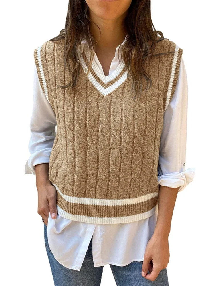 Langwyqu Stripe Patchwork Women Sleeveless V-Neck Vest Pullovers Cable Sweater | Walmart (US)