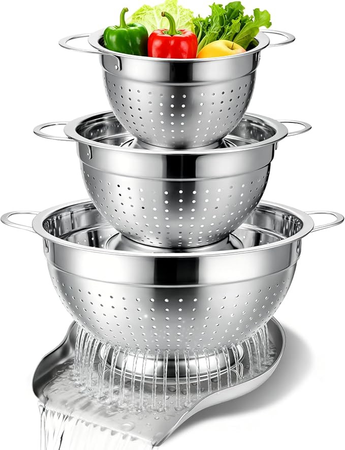 Palksky Stainless Steel Colander Set with Handles & Self-Draining Base, 3 Sizes (7”, 9”, 11... | Amazon (US)