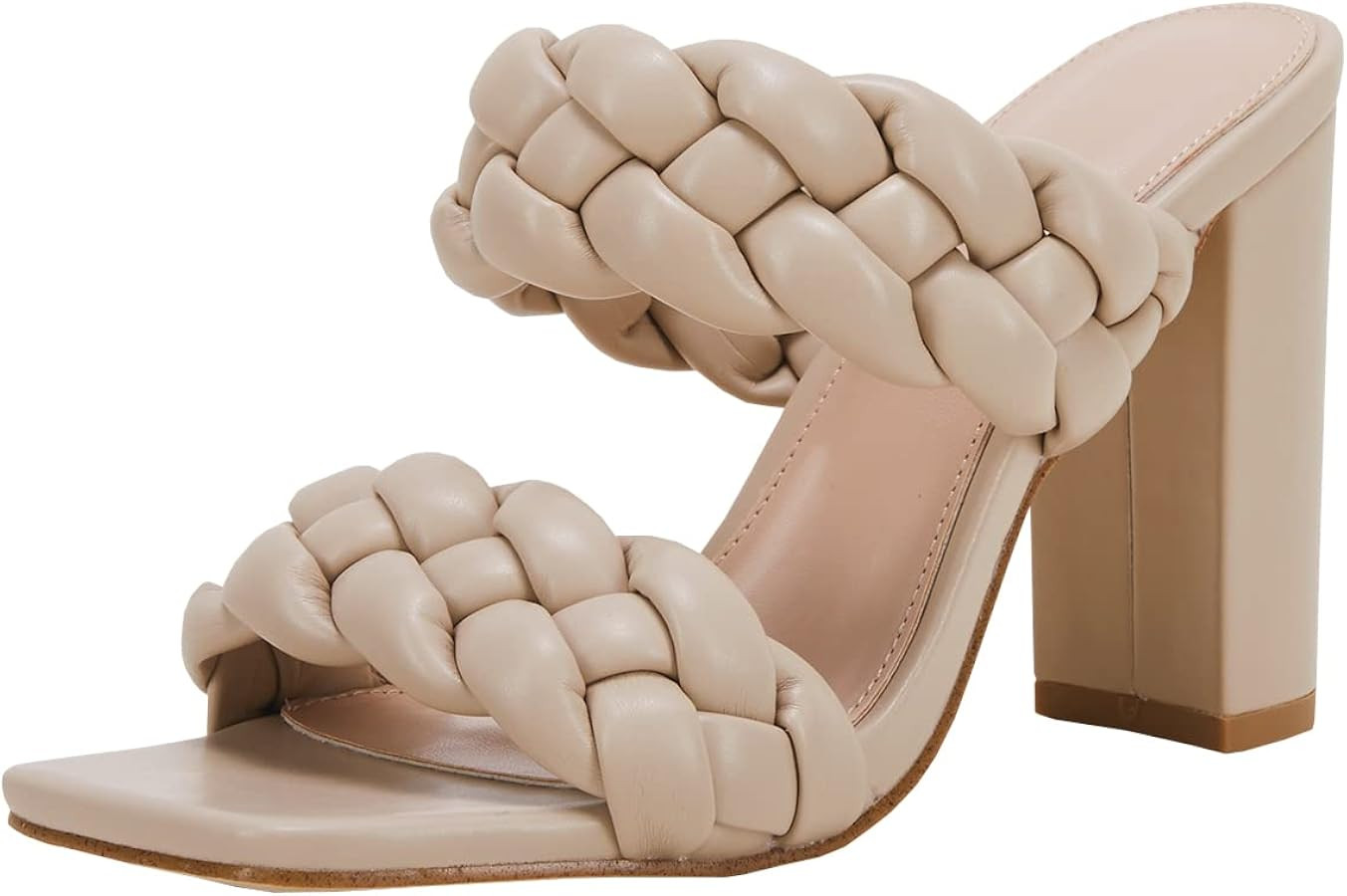 VETASTE Women's Braided Heeled Sandals Square Open Toe Backless Block Heel Strappy Casual Sandals | Amazon (US)