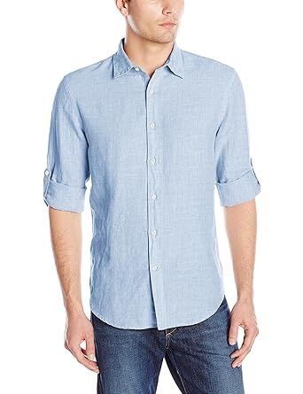 Perry Ellis Men's Rolled-Sleeve Solid Linen Cotton Shirt | Amazon (US)