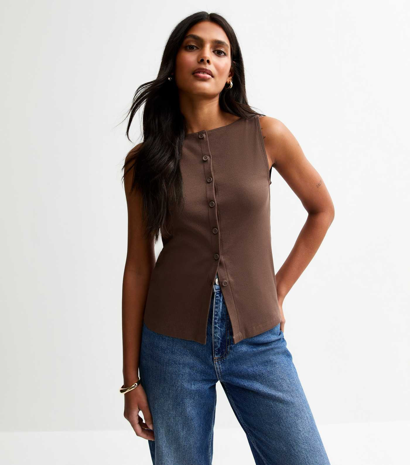 Dark Brown Button Up Vest | New Look | New Look (UK)