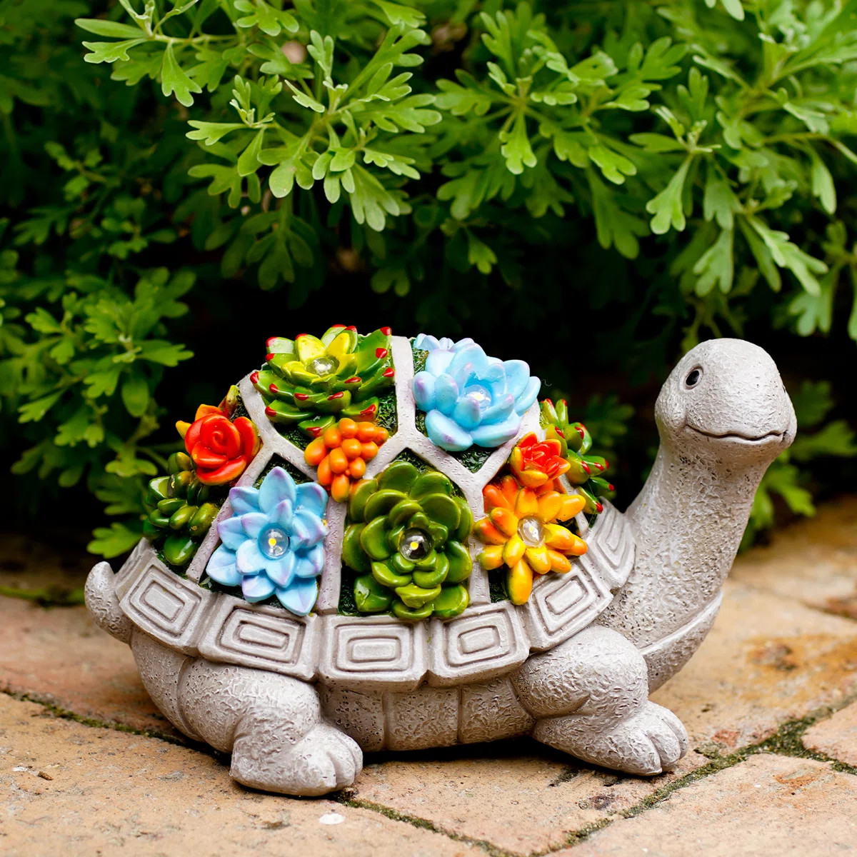 7 LED Lights - Solar Outdoor Lawn Decor Garden Tortoise Statue with Succulent | Wayfair North America
