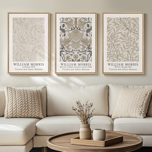 Framed Large William Morris Canvas Wall Art Set of 3, Vintage Neutral Botanical Floral Prints, Nature Artwork for Living Room, Bedroom, Hallway or Office Decor, 16x24 Inch | Amazon (US)
