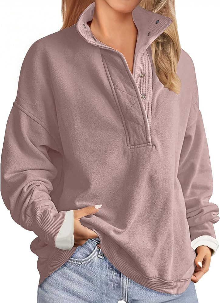 Soesdemo Oversized Sweatshirts for Women No Hood Mock Neck Fleece Lined Waffle Long Sleeve Button... | Amazon (US)