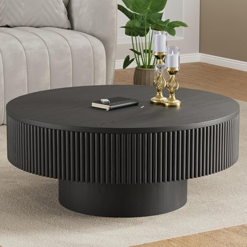 YOUDENOVA 35” Round Fluted Coffee Table, Modern Wood Circle Coffee Table, Veneer Handcrafted Re... | Amazon (US)