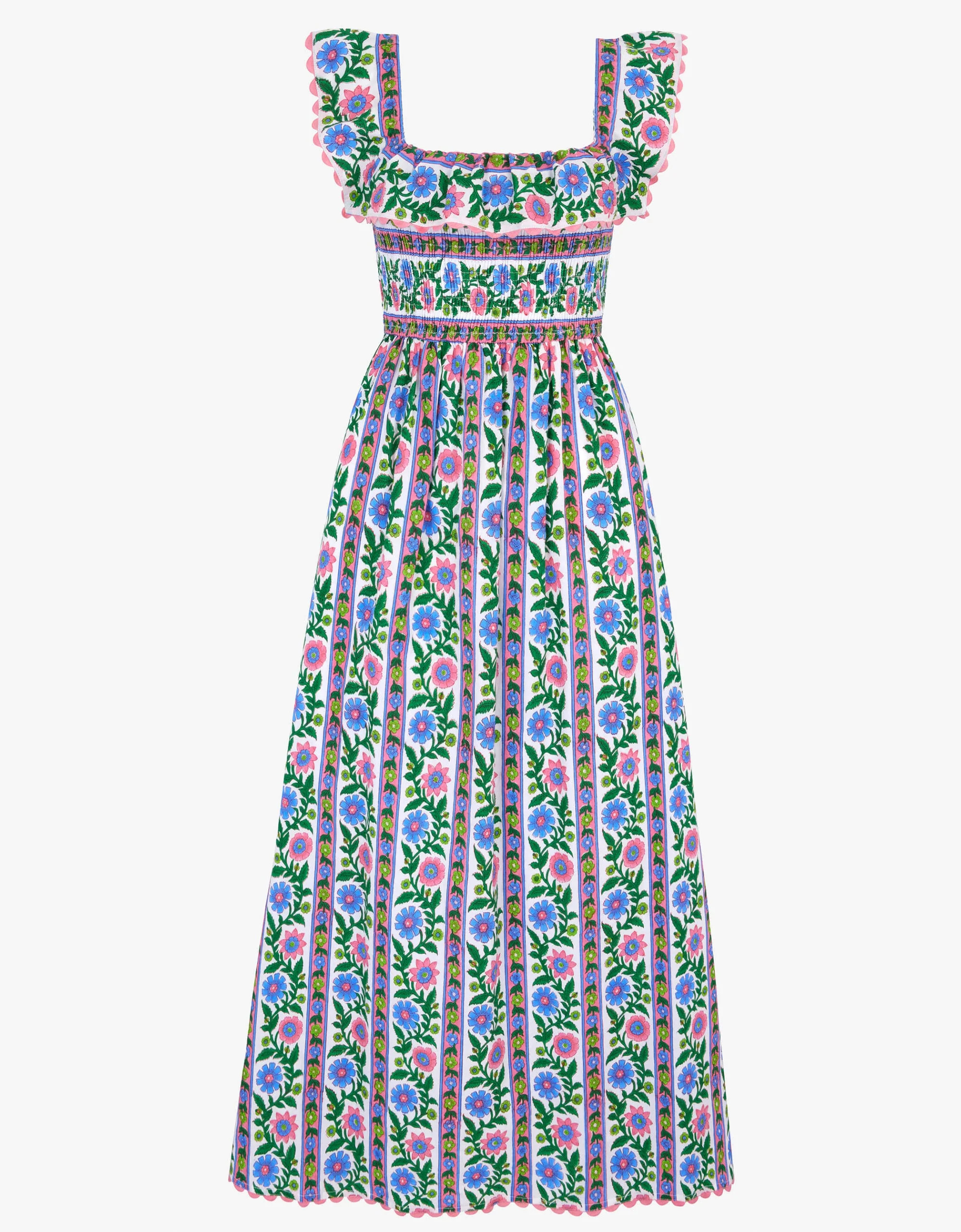Carrie Dress | Blue, Pink & Green Floral Midi | Block Print Cotton | Pink City Prints UK