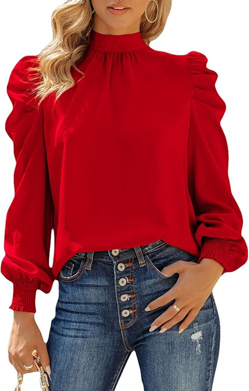 Dokotoo Womens 2022 Long Sleeve High Neck Puff Long Sleeve Casual Loose Shirts Tops and Blouses | Amazon (US)