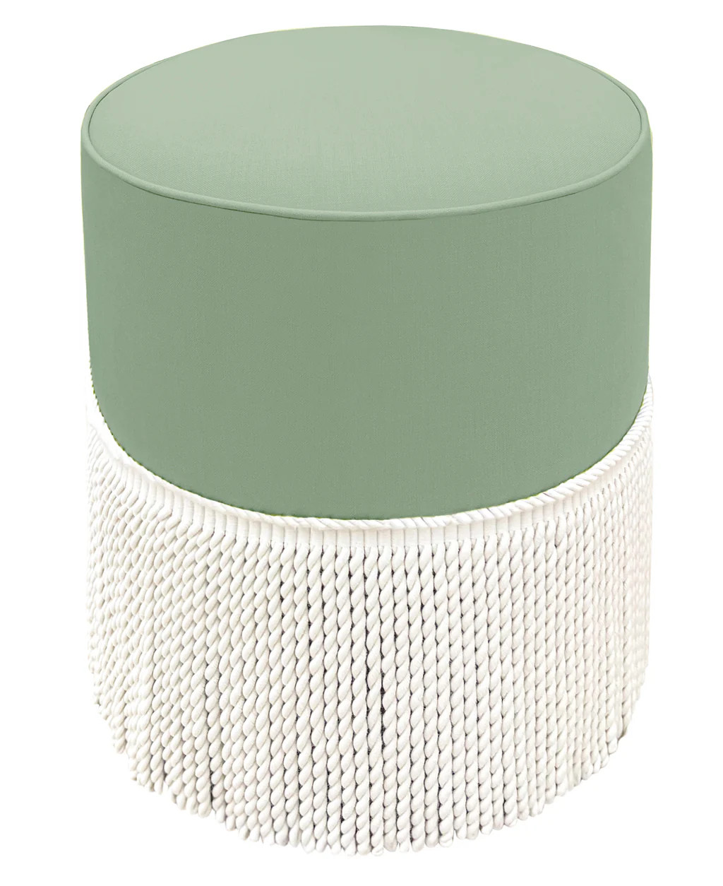 THE TIGHT ROUND OTTOMAN :: CLASSIC LINEN // EUCALYPTUS + BULLION FRINGE | LITTLE DESIGN COMPANY
