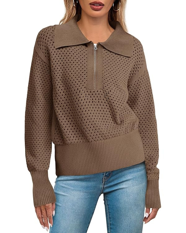 Women's Half Zip Pullover Sweaters Crochet Lapel Collar Long Sleeve Knit Solid Color Jumper Tops | Amazon (US)