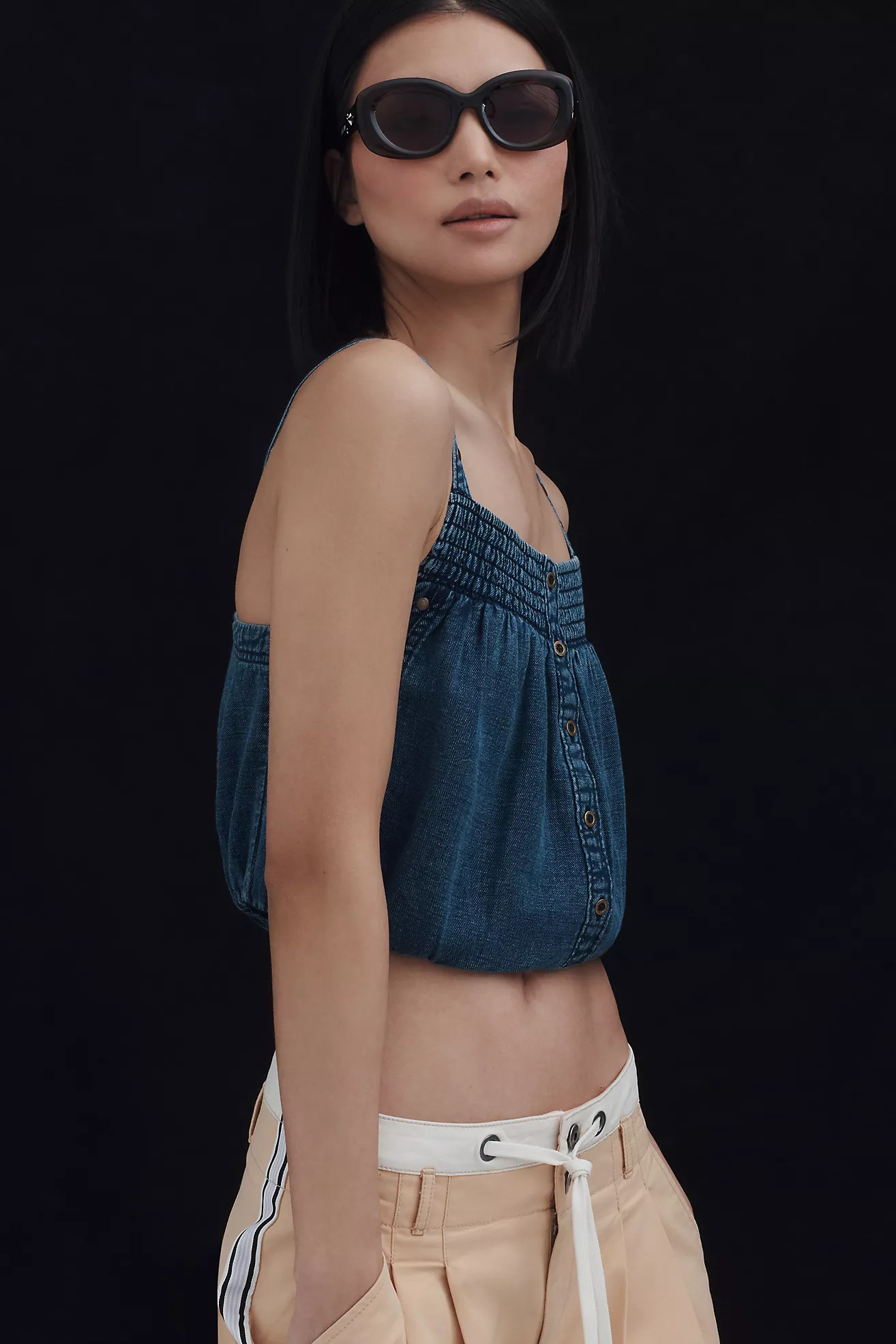 Pilcro Chambray Button-Front Bubble-Hem Top | Anthropologie (US)