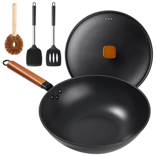 Wok Pan with Lid - 13" Nonstick Wok, Carbon Steel Woks & Stir-Fry Pans with Cookwares, Flat Bottom Chinese wok for Electric, Induction and Gas Stoves | Amazon (US)