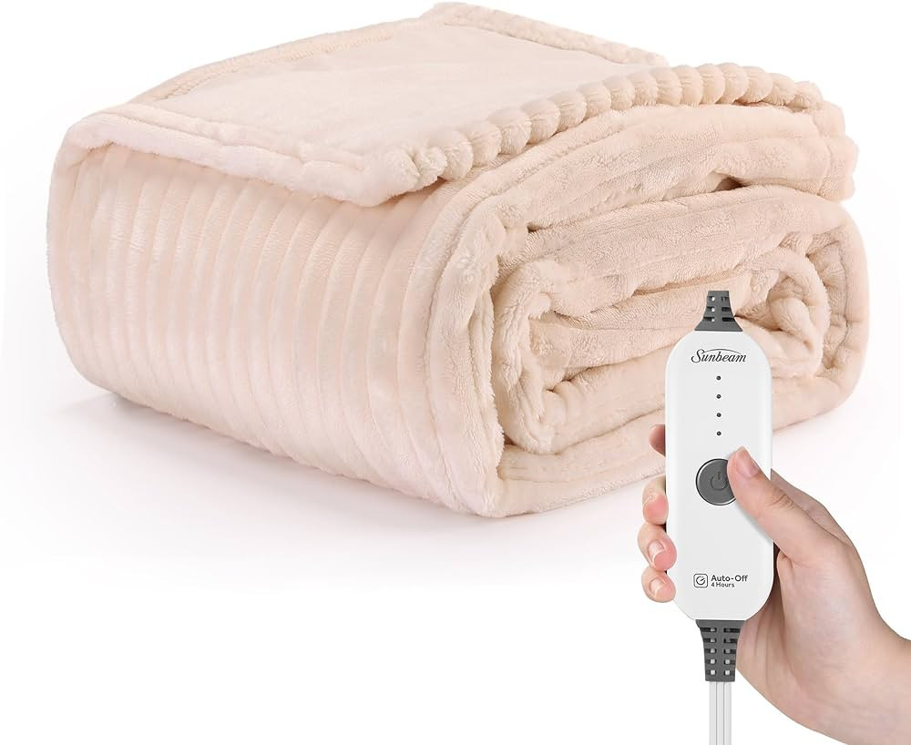 Sunbeam Royal Posh Ribbed Champagne Heated Personal Throw / Blanket, Cozy-Warm, Adjustable Heat Settings | Amazon (US)