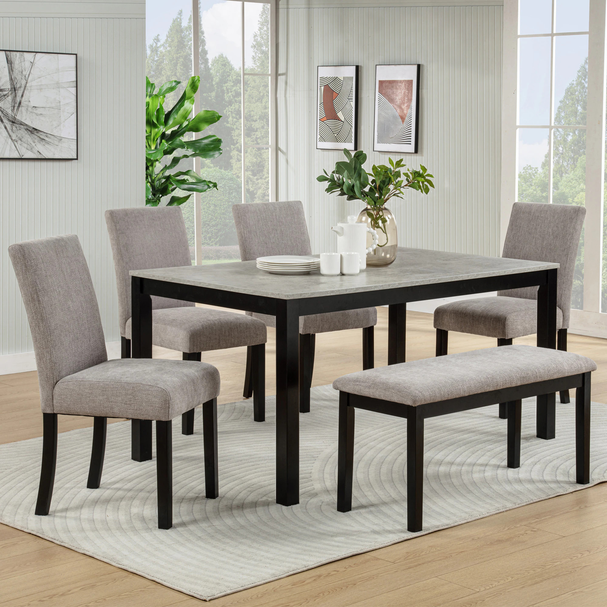 LUXEYARD 6Piece Dining Table Set with Bench Solid Wood Kitchen Table with ConcreteEffect Melamine Tabletop and 4 Upholstered Chairs for Dining Room | Lowe's
