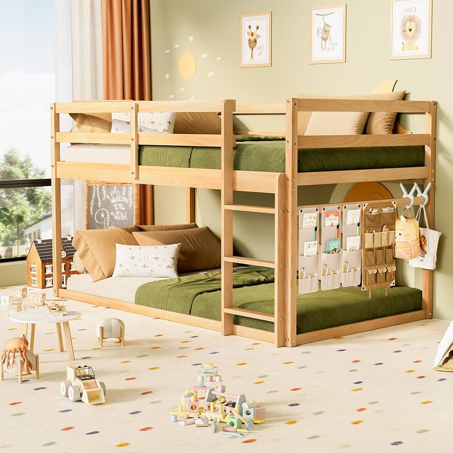 Low Bunk Bed Twin Over Twin, Floor Bunk Bed with Ladder, Twin Bunk Bed with Full Guardrails, Wood... | Amazon (US)