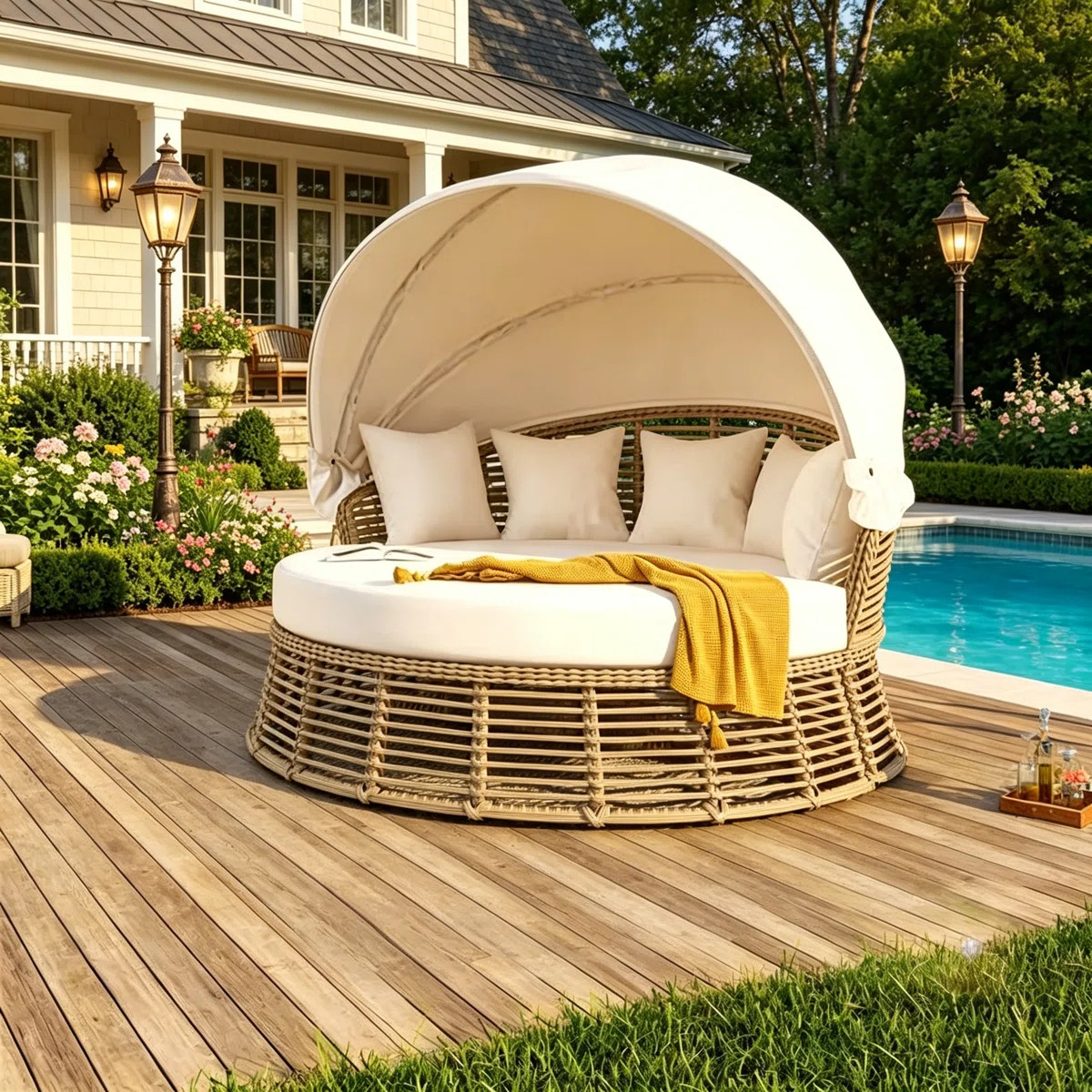 Outdoor Patio Rattan Round Daybed with Retractable Canopy | Wayfair North America