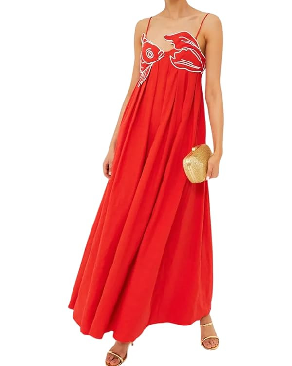 Womens Koi Fish Sleeveless Long Strap Dress High Waist 3D Fish Maxi Cami Dress | Amazon (US)