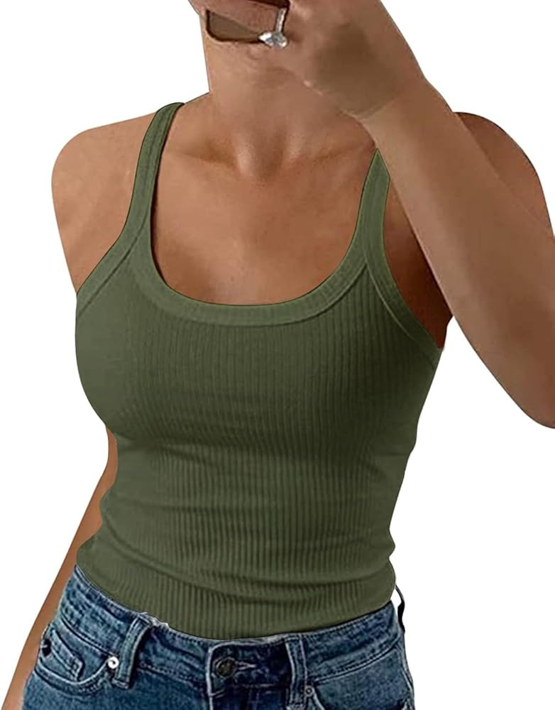GEMBERA Women Spaghetti Strap Scoop Neck Ribbed Tank Tops Slim Fitted Cotton Camisole Basic Sleev... | Amazon (US)