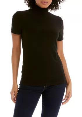 Anne Klein Women's Short Sleeve Mock Neck Top, Black, X-Large | Belk