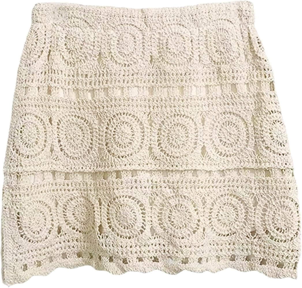 Vaveren Women Crochet Skirt, Cotton Hollow Out High Waisted Beach Cover Up, White | Amazon (US)