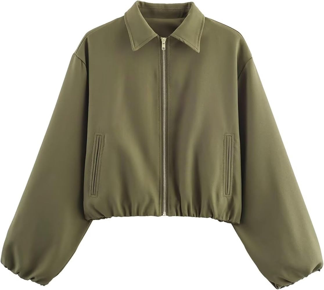 Xunger Women’s Cropped Bomber Jacket Puffed Sleeves Zip Up Trendy Casual Streetwear Outerwear w... | Amazon (US)