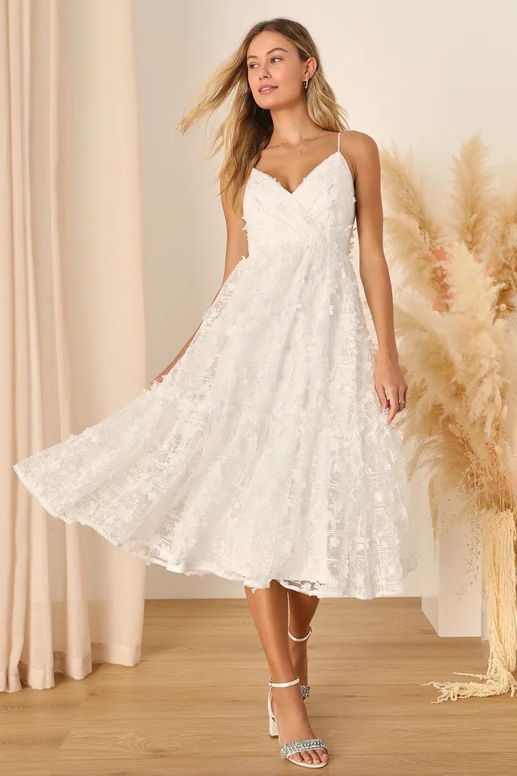Springtime Soiree White Sequin 3D Floral Applique Midi Dress | Lulus (US)