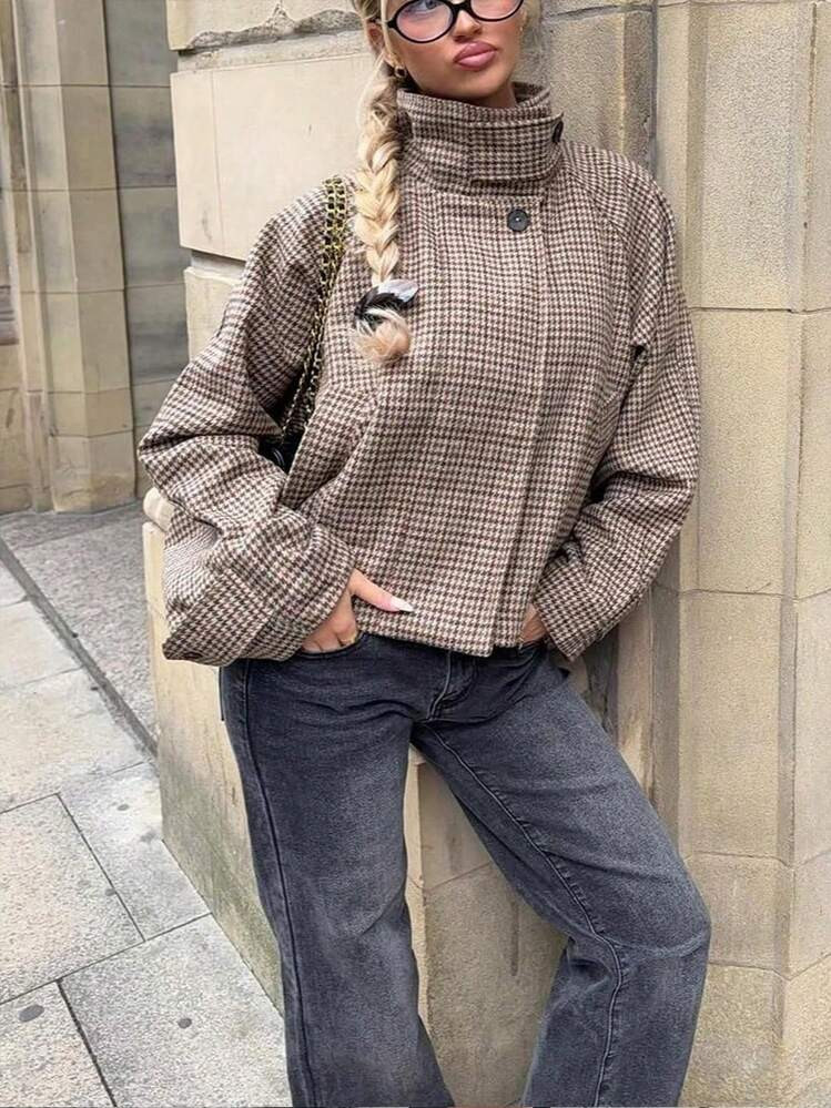Women's Plaid High Collar Jacket, Elegant Button Front Casual Loose Fit Outerwear Suitable For Autumn Spring | SHEIN