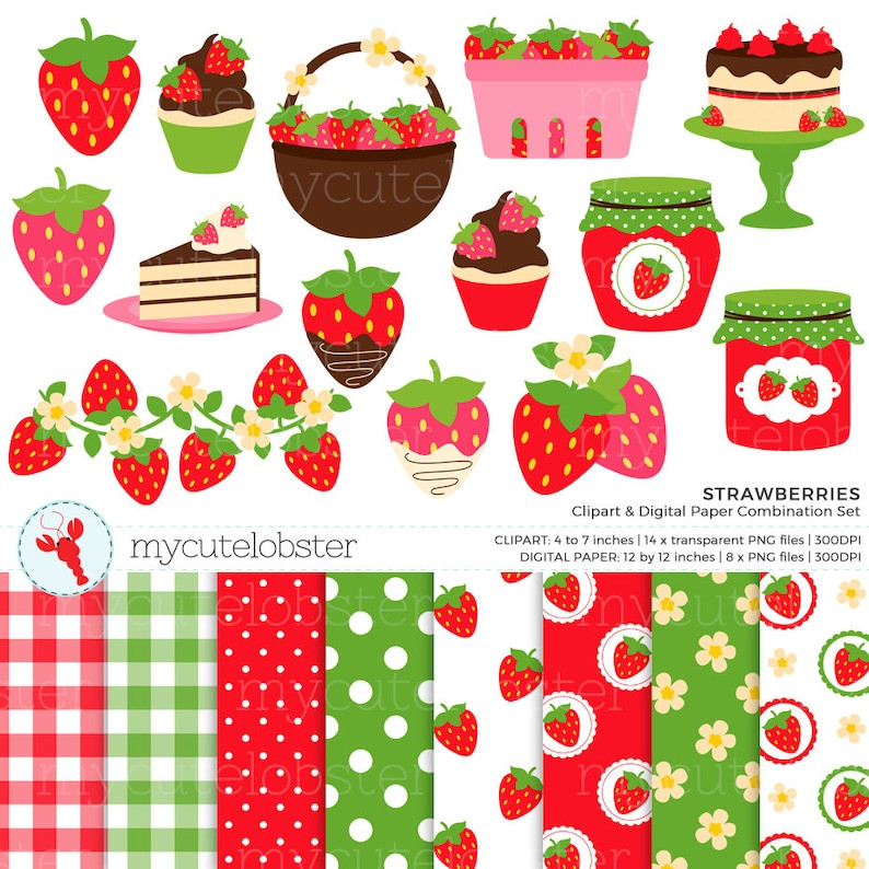 Strawberries Clipart & Digital Paper Set Strawberry Clip Art - Etsy | Etsy (US)