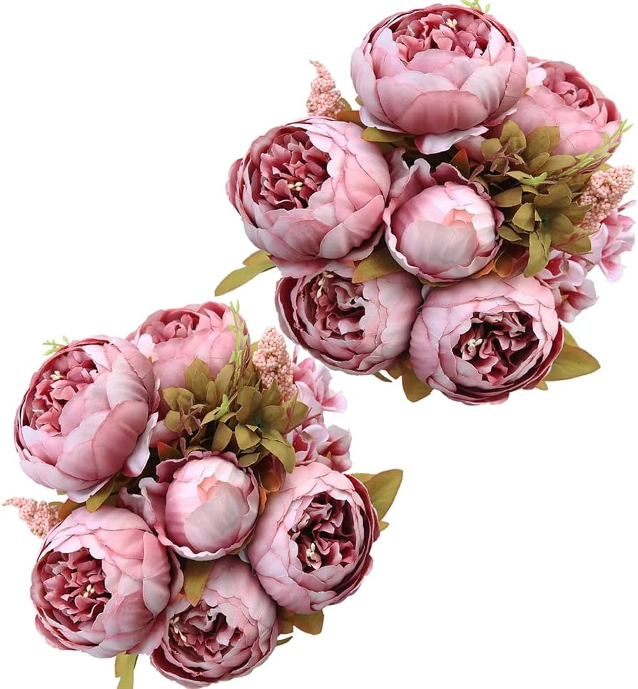 Luyue 2Pcs Vintage Artificial Peony Silk Flowers Bouquet Home Wedding Decoration(Cameo Brown) | Amazon (US)