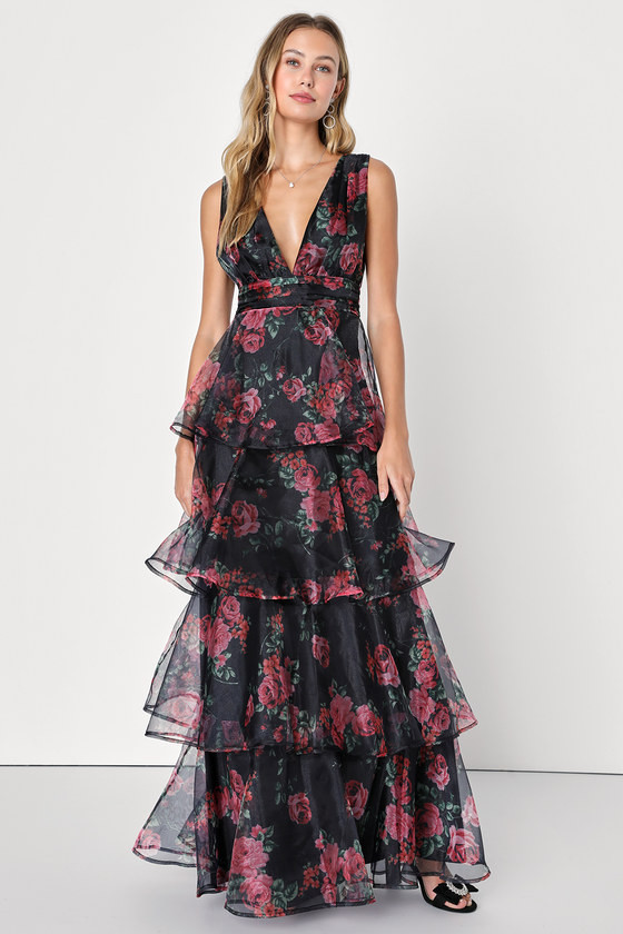 Garden Radiance Black Floral Print Organza Tiered Maxi Dress | Lulus