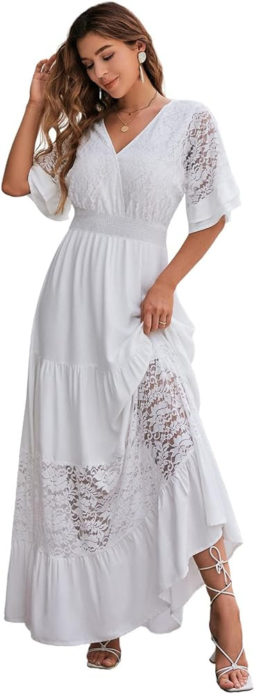 Simplee Women V Neck Formal Lace Maxi Dress Ruffle Flowy Short Sleeve Boho Wedding Guest Long Dre... | Amazon (US)