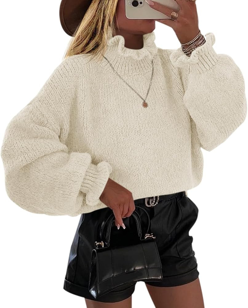 Saodimallsu Womens Oversized Ruffle Sweater Mock Neck Puff Sleeve Casual Soft Knit Pullover Sweat... | Amazon (US)