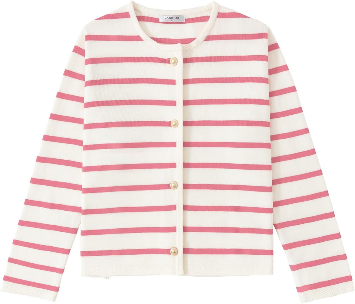 Women's Striped Cardigan Sweater Trendy Long Sleeve Button Down Crewneck Knit Cardigans | Amazon (US)