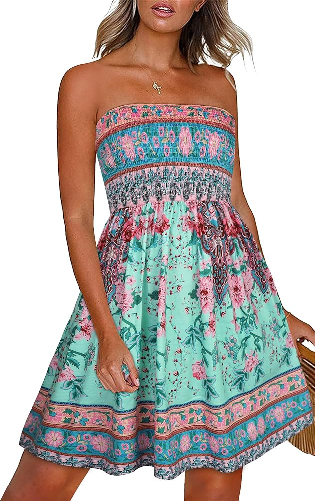 CHICGAL Summer Dresses for Women Beach Cover Ups Strapless Boho Floral Print Sundress | Amazon (US)