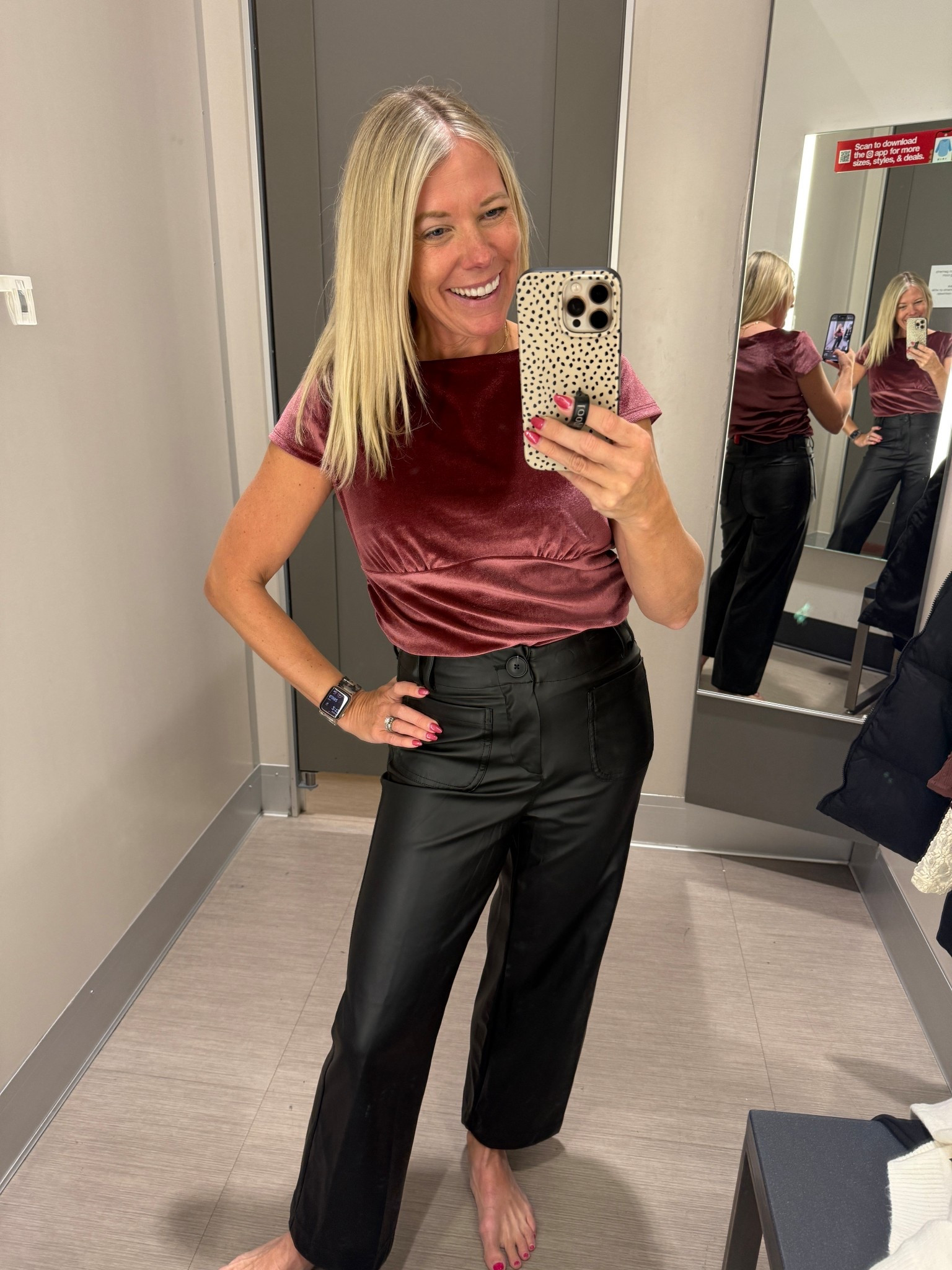 I had on a medium in this velvet top but needed a small. Size 2 faux leather pants 

#LTKHoliday #LTKCyberWeek #LTKootd