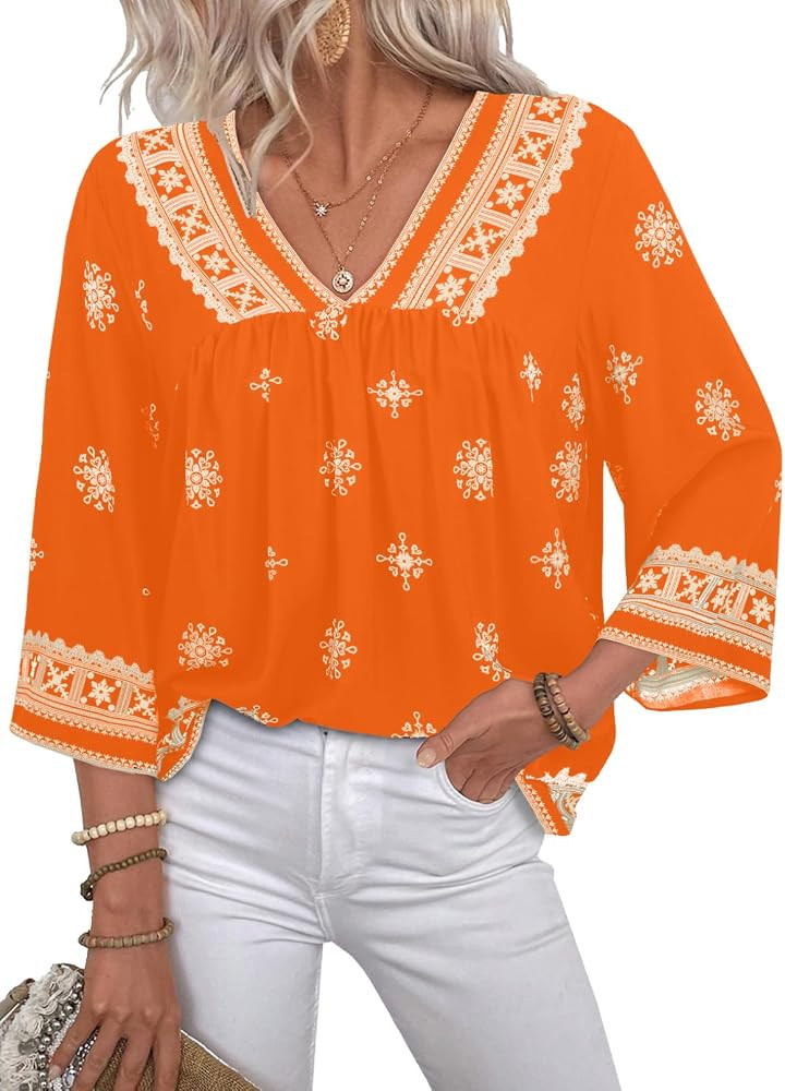 SHEWIN Womens Summer Tops Casual Retro Print V Neck 3/4 Sleeve Boho Vacation Blouses Shirts | Amazon (US)