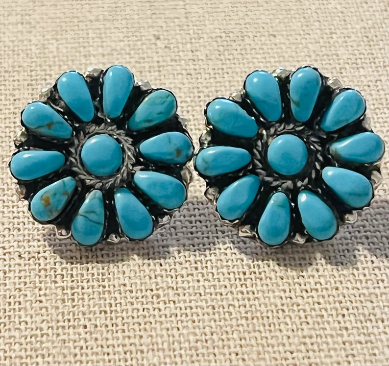 Navajo Handmade Cluster Turquoise Earrings Set in Sterling Silver - Etsy | Etsy (US)