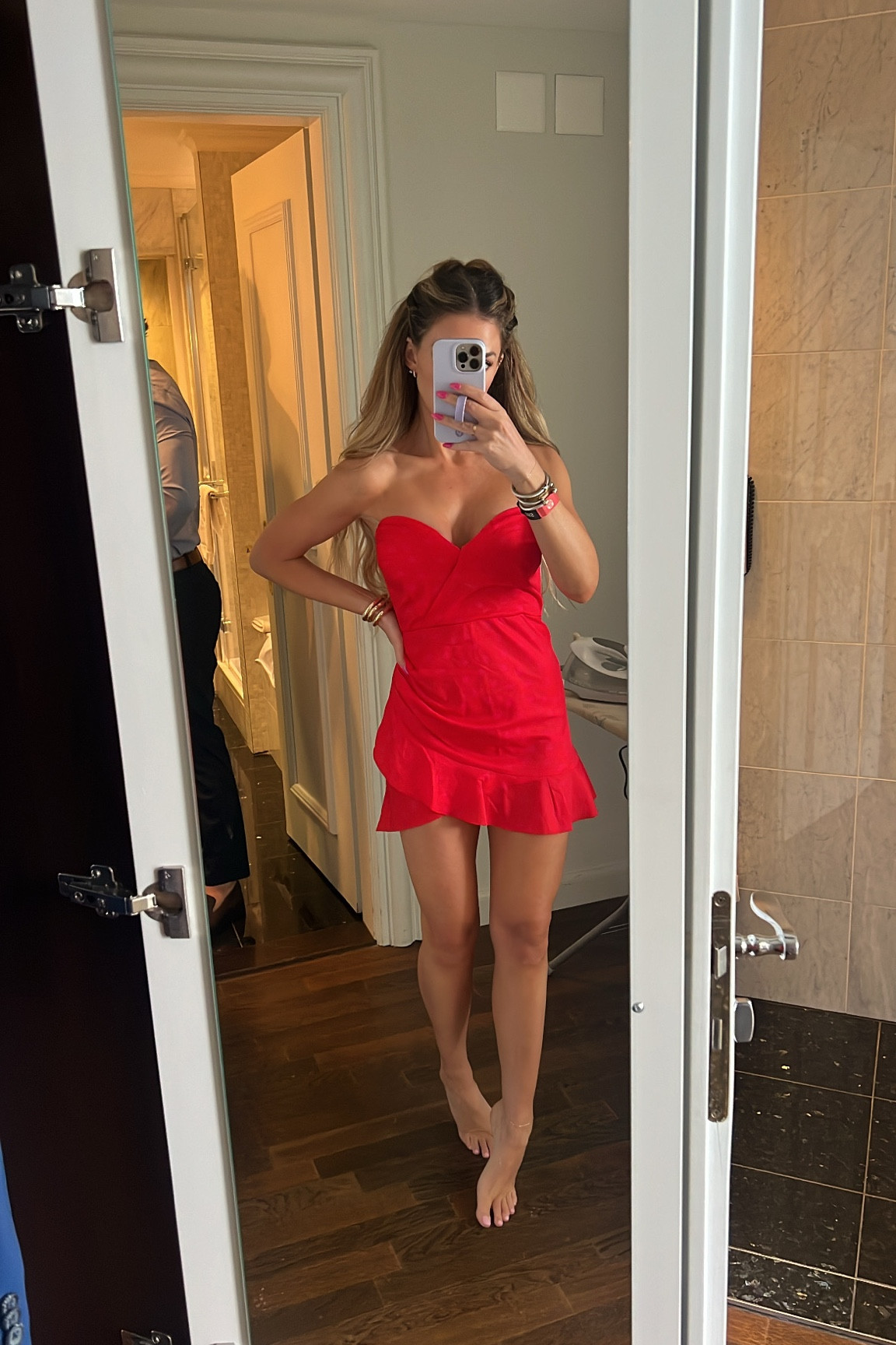 marcine strapless dress in red Red Strapless Mini Dress With 3D Rosette
