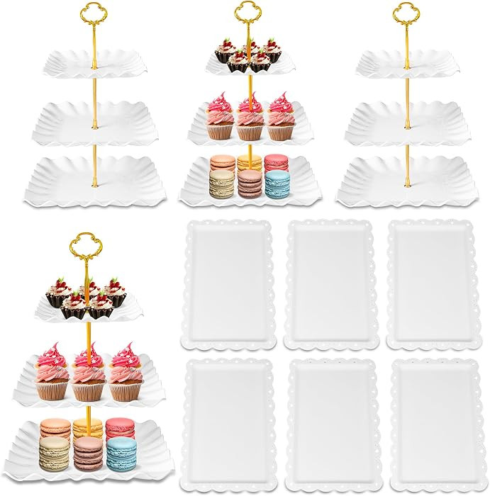 10 Pack Dessert Table Display Set - 4 x Three-Tier Square Cupcake Stands and 6 x Serving Trays, E... | Amazon (US)