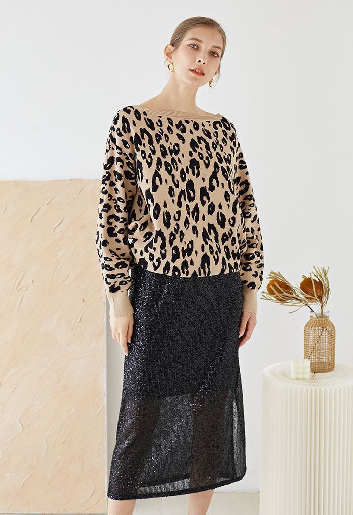 Leopard Jacquard Batwing Sleeve Sweater in Camel | Chicwish